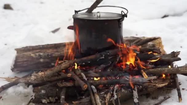 Wędrówki zimowe: małe ognisko w lesie i garnek na ogniu. — Wideo stockowe