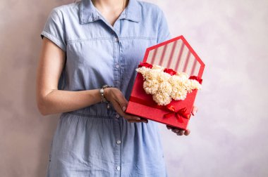 Çiçek hediye olarak: mavi elbiseli bir kız kırmızı vintage zarf çiçek bir kutusu ile görüntülenir..