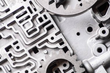 Eski metal parçalar vites kutusunun arka plan ve desen. Hidro-beyin yayınlar ve Dişliler.