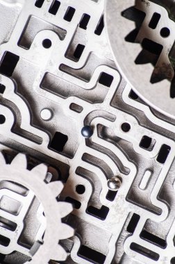 Arka plan için büyük çelik dişlilere sahip mekanik metal deseni.