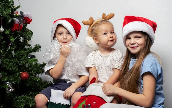 Dzieci w pobliżu choinki szukają prezentów w Santas Pończocha. — Zdjęcie stockowe