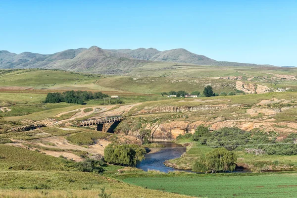 在南非的开普敦 R396 公路上的一条小路上有一座桥的农场景观 靠近罗兹的钟河 — 图库照片