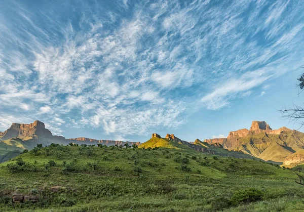 The view from the Tugela Gorge hiking trail in the Kwazulu-Natal Drakensberg of South Africa. The Amphitheatre and the Policemans Helmet are visible