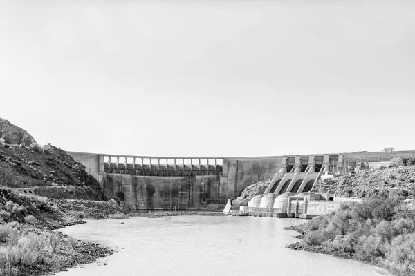 Vue Monochrome Mur Barrage Vanderkloof Dans Rivière Orange Rivière Gariep — Photo