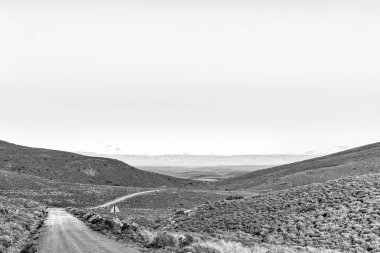 Batı Cape Eyaleti 'ndeki Ceres' e giden R356 yolunda bir manzara. Kar, Sneeuberg 'de, Cederberg' de, sağda görünüyor. Tek Renkli