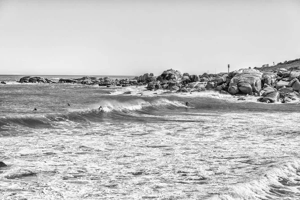 Surfistas en Camps Bay en Ciudad del Cabo. Monocromo — Foto de Stock