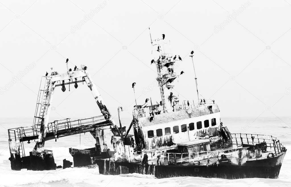 Shipwreck of the Zeila near Henties Bay. Monochrome