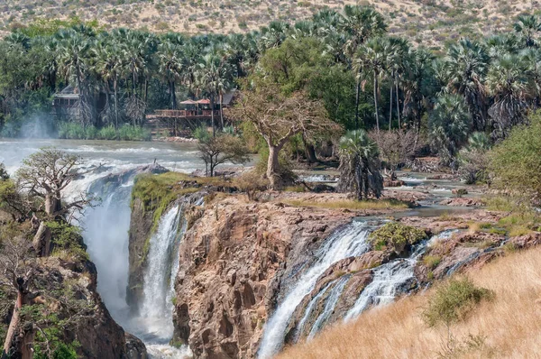 Part Epupa Waterfalls Kunene River Buildings Baobab Makalani Palm Trees — Stock Photo, Image
