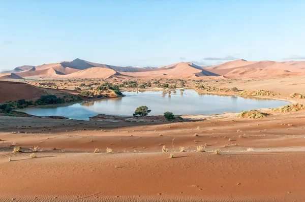 Vue Sossusvlei Rempli Eau Vers Deadvlei Big Daddy Dune Est — Photo