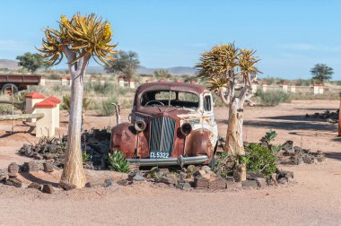 FISH RIVER CANYON, NAMIBIA - 17 Haziran 2011: Hobas yakınlarındaki Canyon Roadhouse 'daki titrek ağaçlar arasında klasik bir araba