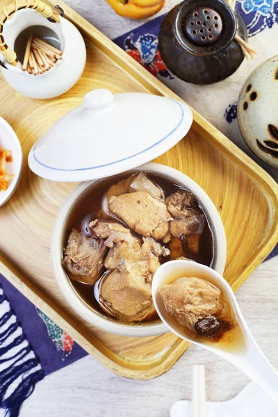 Black Garlic Chicken Soup Table — Stock Photo, Image