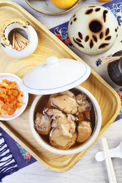 Black Garlic Chicken Soup Table — Stock Photo, Image