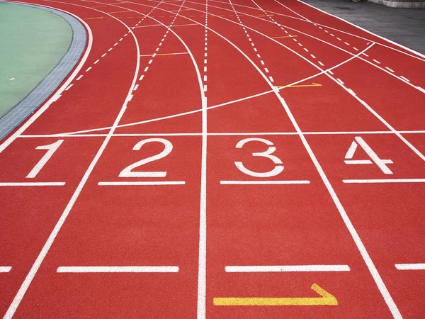 Rode Atletiekbaan Met Getallen Het Stadion — Stockfoto