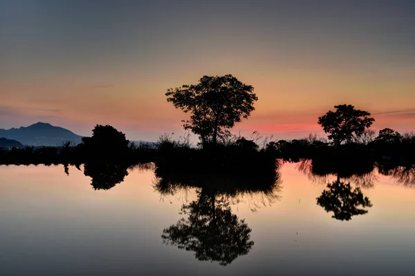 Bela Paisagem Céu Pôr Sol Vista Lago Árvores Reflexão Água — Fotografia de Stock