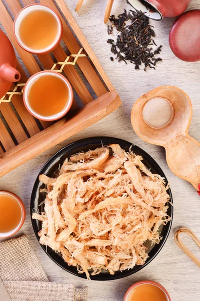 Shredded Dried Squid Tea Wooden Table — Stock Photo, Image