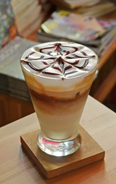 Cup Latte Art Coffee Wooden Table — Stock Photo, Image