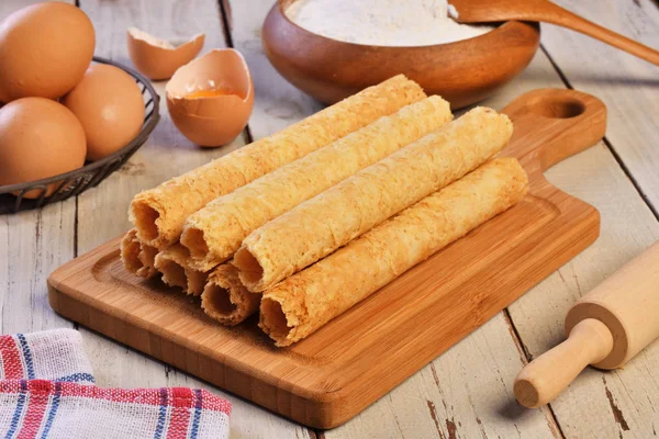 Handmade Egg Rolls Wooden Board — Stock Photo, Image