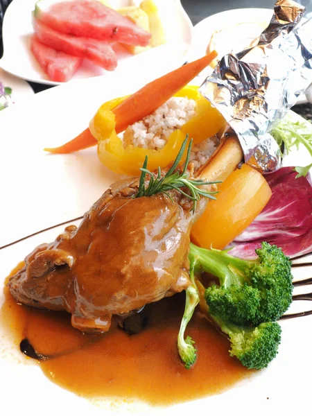 Lamb Shank Braised Red Wine White Plate — Stock Photo, Image