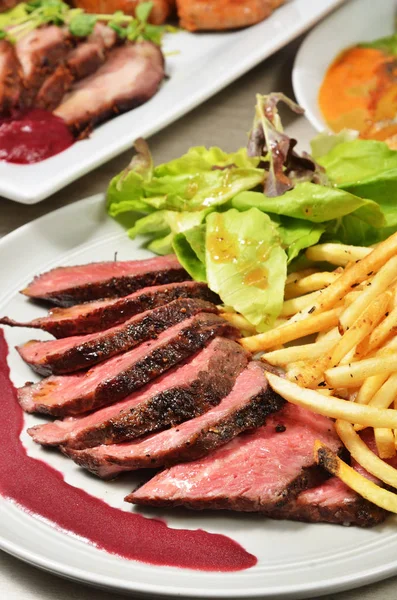Roasted Beef French Fries Salad White Plate — Stock Photo, Image