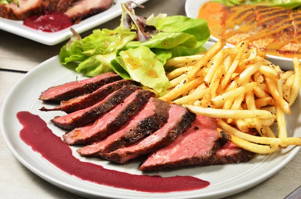 Roasted Beef French Fries Salad White Plate — Stock Photo, Image