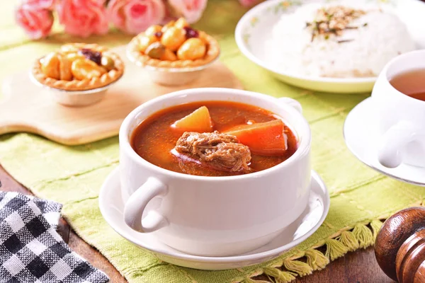 Carne Vaca Refogada Com Arroz Mesa — Fotografia de Stock