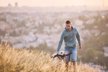 Sabah yürüyüş ile köpek. Genç adam ve onun labrador retriever gündoğumu City'de karşı çayır üzerinde. 