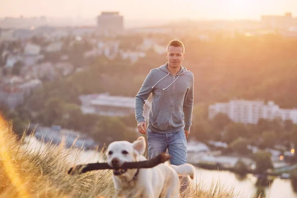 Ochtend Wandeling Met Hond Jonge Man Zijn Labrador Retriever Weide — Stockfoto