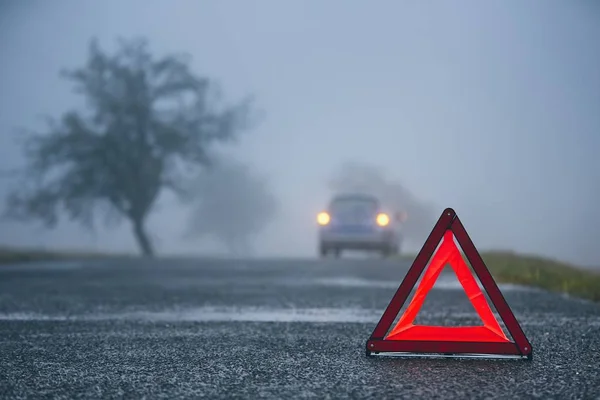 Traffic Problem Thick Fog Car Road Warning Triangle — Stock Photo, Image