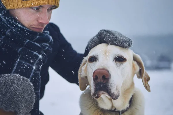 Vriendschap Tussen Zijn Oude Hond Huisdier Eigenaar Jonge Man Labrador — Stockfoto