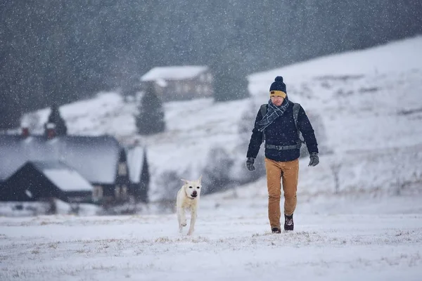 飼い主と犬の間の友情 冬の風景のラブラドル レトリーバー犬と歩いて若い男 チェコ共和国 Jizera — ストック写真