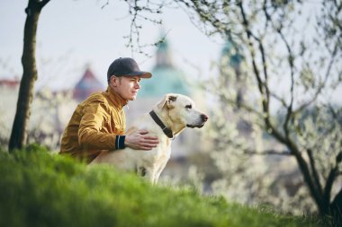 Genç adam köpeğiyle. Evde beslenen hayvan sahip gevşeme ile kamu park çimenlerin üzerinde labrador geri almak. Prague, Çek Cumhuriyeti.