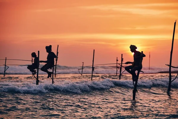 Silhouettes Traditional Fishermen Traditional Stilt Fishing Galle Sri Lanka — Stock Photo, Image