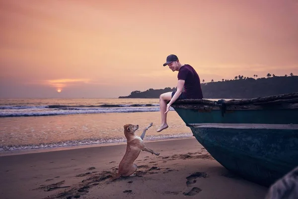 Young Man Relaxing Beach Cheerful Dog Him Giving Paw Sunrise — Stock Photo, Image