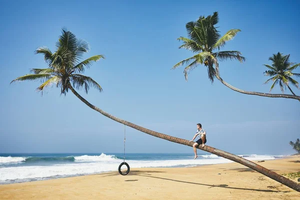 Jovem Sentado Palmeira Relaxamento Praia Areia Sri Lanka — Fotografia de Stock