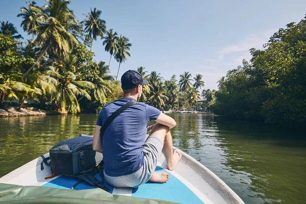 Young Tourist Traveling Boat Lagoon Lake Sri Lanka — Stock Photo, Image