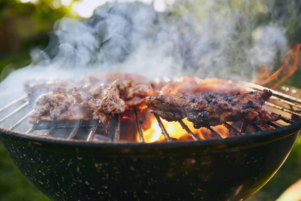 Griller Viande Poulet Sur Barbecue Jardin Pendant Journée Été — Photo