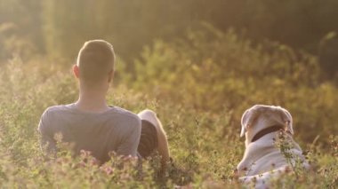 Gün batımında çayırda köpekli bir adam. Evcil hayvan sahibi labrador av köpeğiyle çimenlerde yatıyor..