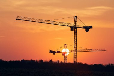 Kaçakçılık sahasında bina faaliyeti. Vinç siluetleri güneşe karşı. 