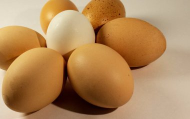 Ön plandaki yumurta hafif bir arka planda yatıyor. Yumurtanın etrafında açık kahverengi var. Yüzey tasarımı. Yemek takımı..