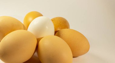 Ön plandaki yumurta hafif bir arka planda yatıyor. Yumurtanın etrafında açık kahverengi var. Yüzey tasarımı. Yemek takımı..