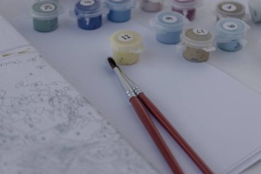 Kırmızı saplı fırçalar ortada duruyor. Kenarlarında akrilik renkli boya kutuları var. Solda, resmin bir kısmını sayılarla görebilirsiniz..