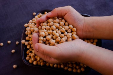 Beyaz fasulye tabakları, turuncu mercimek ve sarı bezelyeler koyu bir arkaplanda duruyor.,