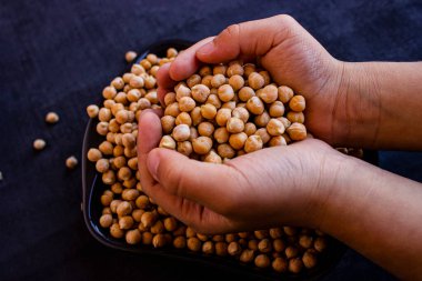 Beyaz fasulye tabakları, turuncu mercimek ve sarı bezelyeler koyu bir arkaplanda duruyor.,