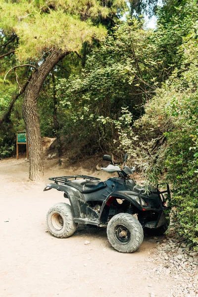 dirty extreme atv car, quad bike near trees