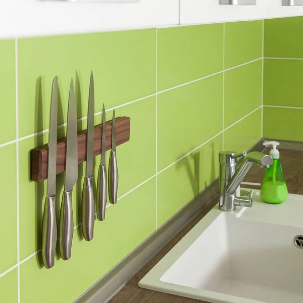 Yeşil kiremitli mutfak duvar modern bıçak için mıknatıs paneli