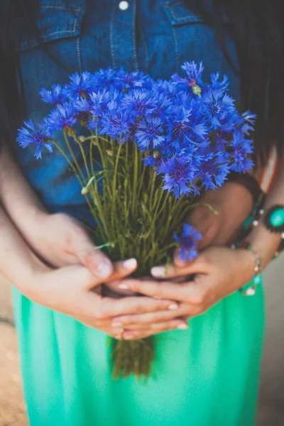 onların hands.cornflowers çiçeklenir