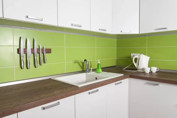 Modern Kitchen Interior Green White Colors Stock Photo