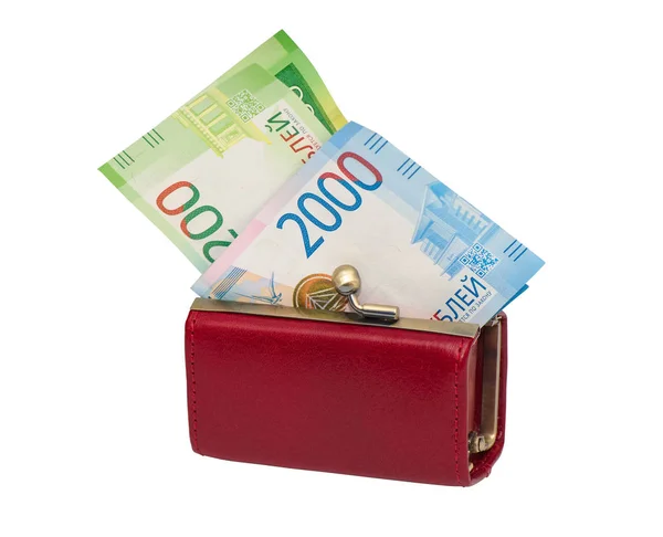 Little Red Womens Wallet Modern Russian Money White Background — Stock Photo, Image