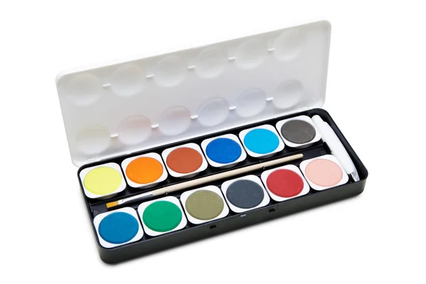 Akvarelové Barvy Box Štětcem Bílém Pozadí — Stock fotografie