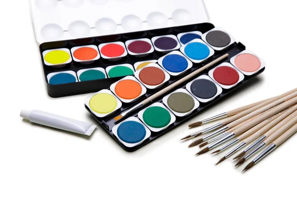 Watercolor Paints Box Paint Brush White Background — Stock Photo, Image